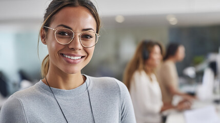 Smiling woman wearing glasses, grey shirt, in office background, conveying professionalism and success