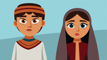 Cartoon Style Middle Eastern Couple In Traditional Clothing Against Light Blue Background