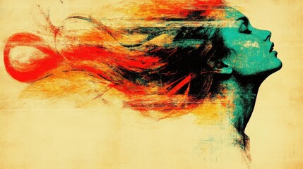 Vibrant artistic profile portrait of a woman with flowing hair in colorful brushstrokes