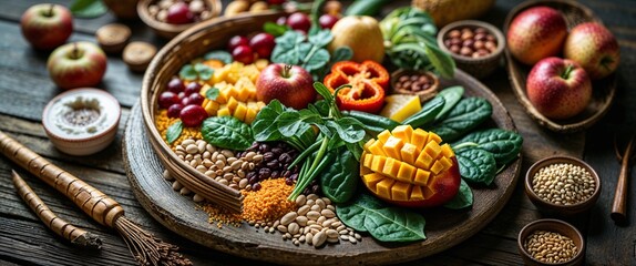 A vibrant still life composition featuring an assortment of natural foods from diverse international cuisines, including fresh fruits, such as juicy apples and ripe mangoes, alongside an array of colo