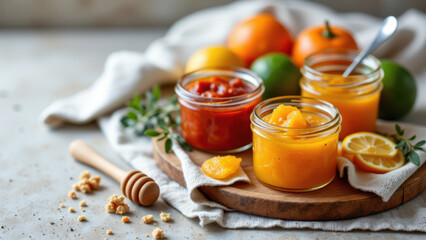 Mediterranean diet spreads with fruits on a rustic wooden table.