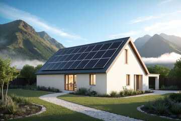Obraz premium Modern house with solar panels on the roof, promoting sustainable and eco-friendly living.