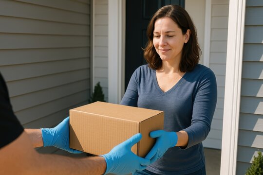 Woman receiving a package at her home, showcasing the excitement of online shopping in a welcoming neighborhood Generative AI