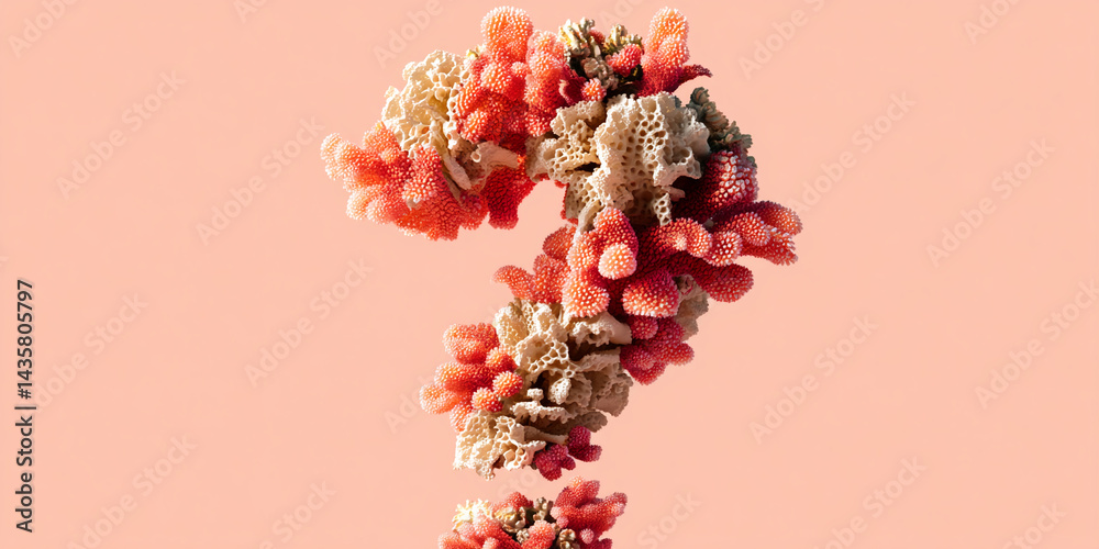 Poster pink and beige coral forming a question mark against a peach background, showcasing a unique and int