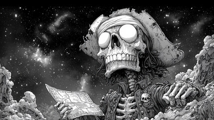Naklejka premium Skeleton pirate searching map in cosmos