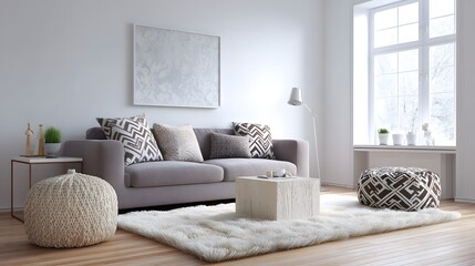 Bright living space with minimalist furniture and natural light / Serene simplicity in modern home design