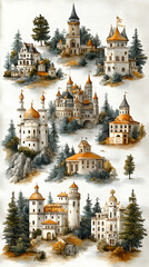 Obraz premium Watercolor painting of various European-style castles nestled in lush green forests
