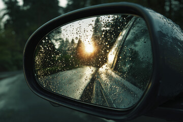 Car side mirror reflecting rain drops and sunset, creating a moody atmospheric image, showcasing natural light and textures, ideal for travel or nature themes