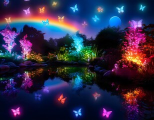 Glowing butterflies flying over rainbow and pond in fantasy garden at night