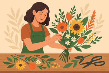 The scene of a flat artisan flower shop highlights the importance of color and craftsmanship