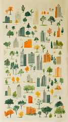 Cityscape illustration with various buildings and trees in autumnal colors
