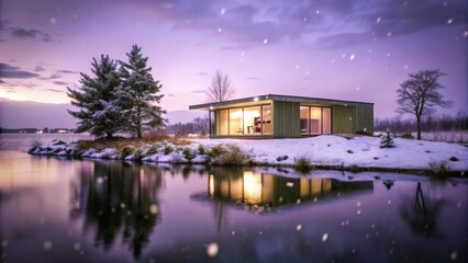 Fototapeta premium Winter Villa on Tiny Island with Gentle Snowfall and Twilight Lake Reflection