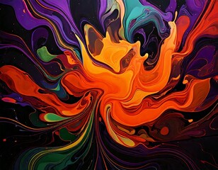 Colorful abstract painting mixing orange, purple, and green colors