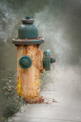 Weathered yellow fire hydrant with peeling paint and misty atmosphere