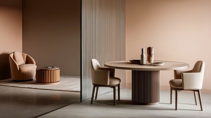 Modern dining room interior with round table and chairs, minimalist design, beige and brown tones
