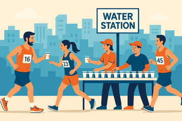 Flat athletic-event scene showing hydration support on race course