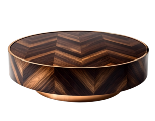 dark brown chevron coffee table modern oval wood design with copper trim studio shot isolated on white highlighting intricate wood grain and pattern