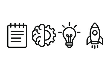 Idea-generation icons merging notes, thinking, and action