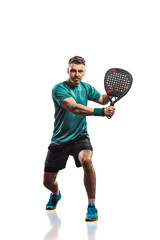 Padel player isolated on white background. Open social tour template. Padel tennis player on the sky background outdoors. Paddle tenis template for bookmaker design ads with copy space.