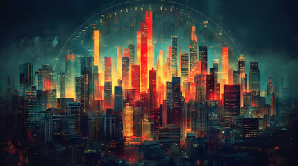 Fototapeta premium Futuristic cityscape at night illuminated in warm and cool tones with a network overlay