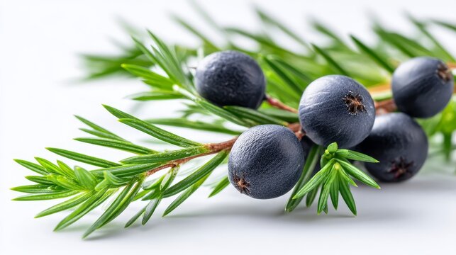 Juniper Berries and Sprigs - Close-up of fresh juniper berries and sprigs on a white background. Ideal for health, wellness, and nature themes