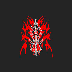 Illustration vector graphic of tribal art sword with demon wings for tatto