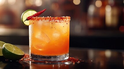Spicy margarita cocktail with lime and chili pepper refreshing alcoholic beverage close up