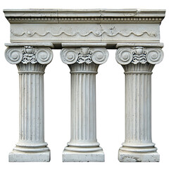 Obraz premium Three ancient stone columns stand together with ornamental tops and a decorative architrave against a stark white backdrop enhancing their classical beauty.