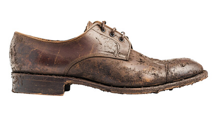 Vintage Old Brown Shoes Covered in Mud from the 1800s, Isolated on White Background