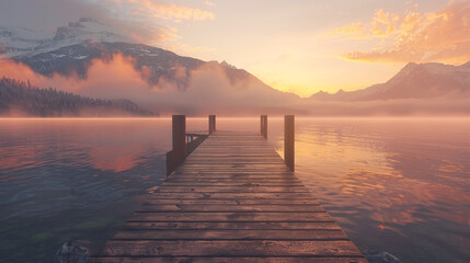 Obraz premium A peaceful lakeshore at dawn, with a wooden dock stretching into the misty water and distant mountains bathed in the soft golden light of sunrise.