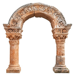Obraz premium An ancient stone archway with intricate carvings and weathered columns stands majestically isolated against a clean white background enhancing its details and beauty.