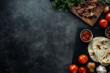 A dark rustic background with ingredients for tacos: meat, tortillas, salsa, tomatoes, and herbs.