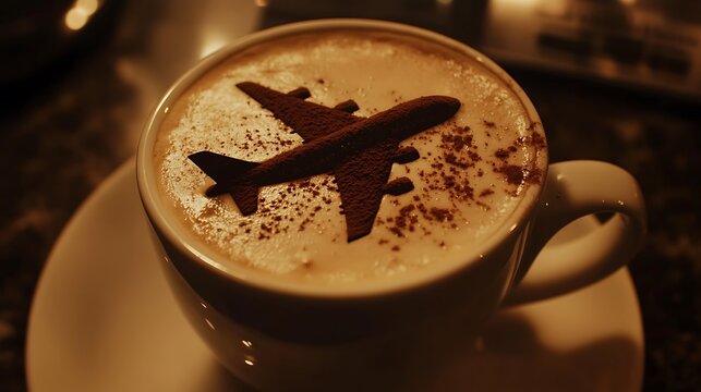 Cup of coffee with airplane-shaped cocoa powder design symbolizing travel, adventure, and wanderlust
