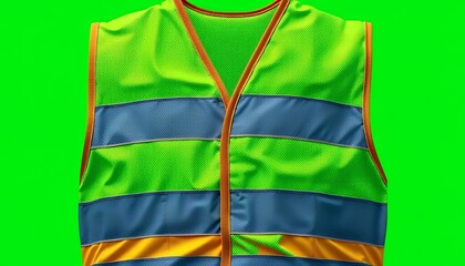 High Visibility Neon Green Safety Vest with Reflective Orange and Dark Blue Bands Isolated on Green Screen Background Perfect for Safety Campaigns