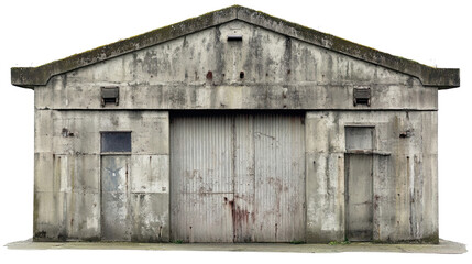 A weathered concrete warehouse with a large sliding door and small stands isolated, showing its aged and industrial character against a white background.