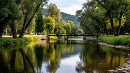 Obraz premium Serene river reflects trees and footbridge