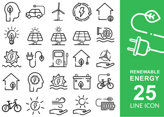 Renewable energy icons set – eco power, solar, wind, electric mobility