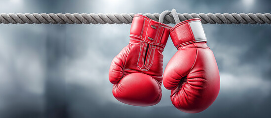 Red boxing gloves hanging on the ring rope, empty space for text on the right, background designed as a banner for advertisement or announcement.