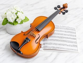 Fototapeta premium Violin with sheet music and flowers