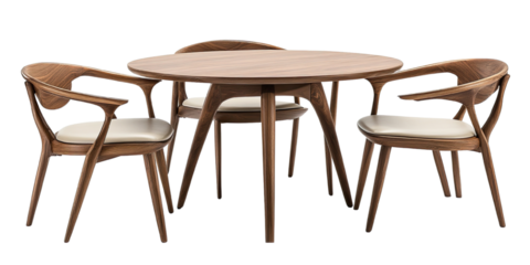 A stunning round wooden dining table is surrounded by three elegant wooden chairs with off-white leather seats, all beautifully isolated on a white background.
