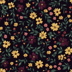 Seamless pattern Rustic folk inspired floral tapestry with hand stitched motifs for home decor or textile design