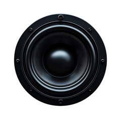 A close up studio shot showcases a sleek black speaker with a smooth cone and intricate details against a clean white backdrop emphasizing its design appeal.