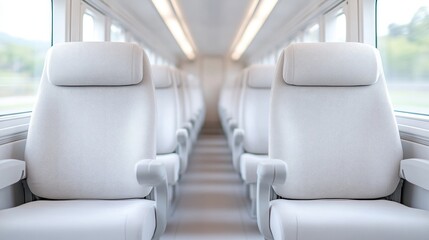 Train Seats Empty Rows Modern Clean Bright Lighting Longitudinal View Upholstered Comfortable Waiting Journey Neutral Calming Travel Advertising extra details included