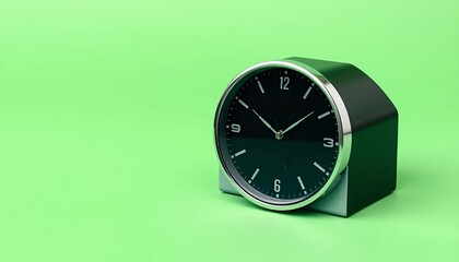 Metallic Framed Black Clock Isolated on Green Screen Background for Ads and Promotions with Clean and Clear Backdrop Studio Object