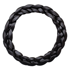 An artful circle is created with woven dark brunette hair braids on a white background, carefully arranged to resemble a stylish and decorative wreath form.