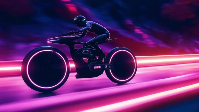 A skilled rider navigates a sleek motorcycle illuminated by vibrant neon lights while speeding through a colorful, futuristic environment at dusk