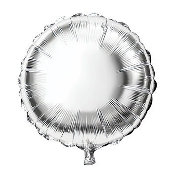 A shiny silver foil balloon with a round shape floats against a clean white backdrop, its metallic surface reflecting light creating a festive impression indeed.