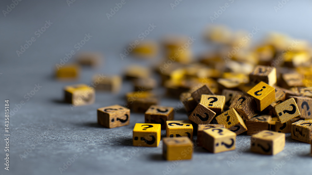Poster Close-up of scattered wooden cubes, each displaying a question mark, suggesting uncertainty or the quest for answers, suitable for concepts related to inquiry or problem-solving