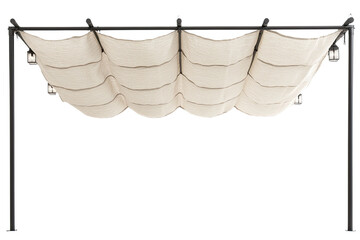 An elegant pergola with a retractable beige canopy and hanging lanterns provides shade and ambiance in a backyard, creating an inviting outdoor living space.