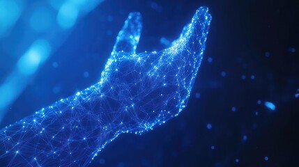 Naklejka premium Glowing hand, digital art, dark blue background, website header